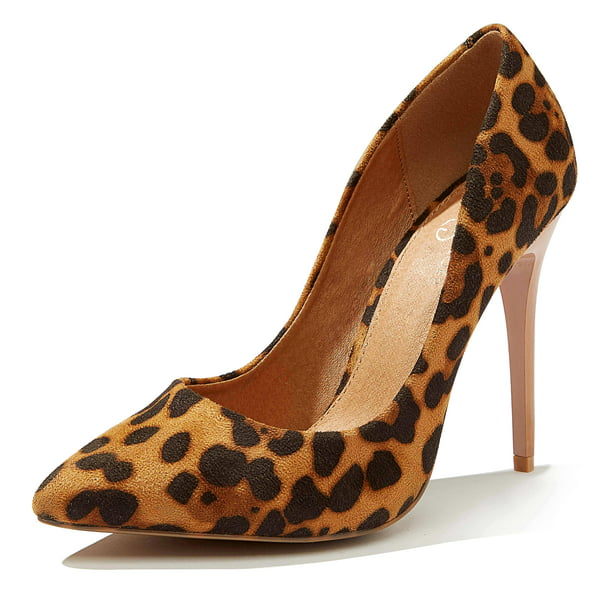 Tan Leopard Faux Suede High Stiletto Heel Almond Toe Platform Pump 7.5 us 